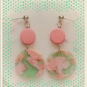 Earrings-Acrylic Silver Tone Pink/Green